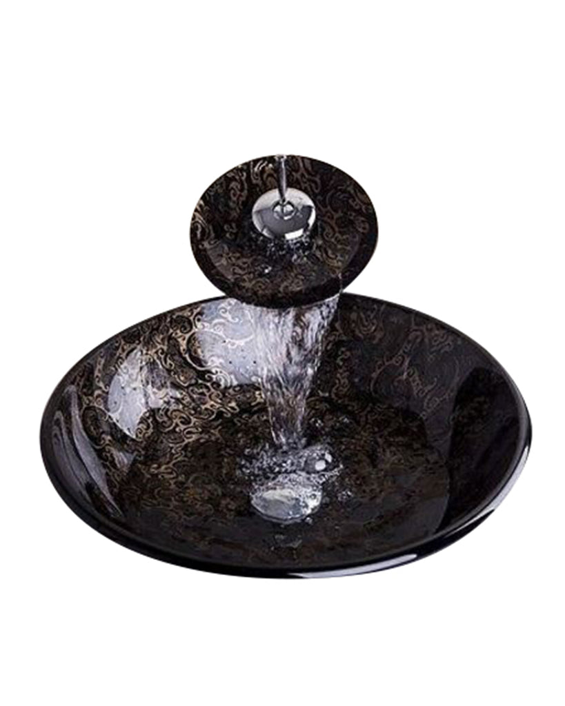 Black & Gold Copper Glass basin sink bowl with Matching Waterfall Tap ZK 480