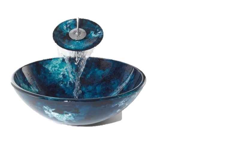 LUXURY BLUE Glass basin bowl with MATCHING glass WATERFALL Tap  ZK724