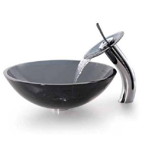 BLACK Glass basin sink bowl with MATCHING glass WATERFALL Tap Mixer ZK 704ST