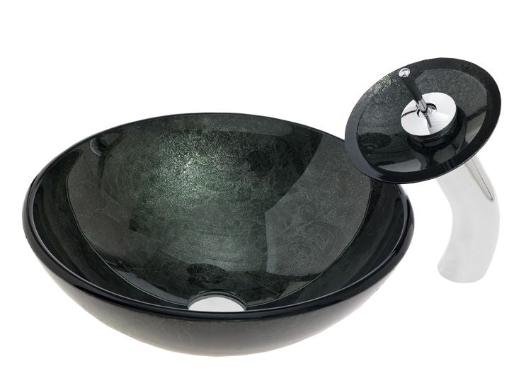 Black & Green Textured Glass basin sink with Matching  Waterfall Tap Product No. ZK 413