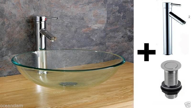 Clear round glass basin sink bowl chrome tap  pop up waste Product No. ZK505