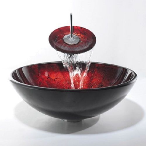 LUXURY RED Glass basin sink bowl with MATCHING glass WATERFALL Tap ZK711